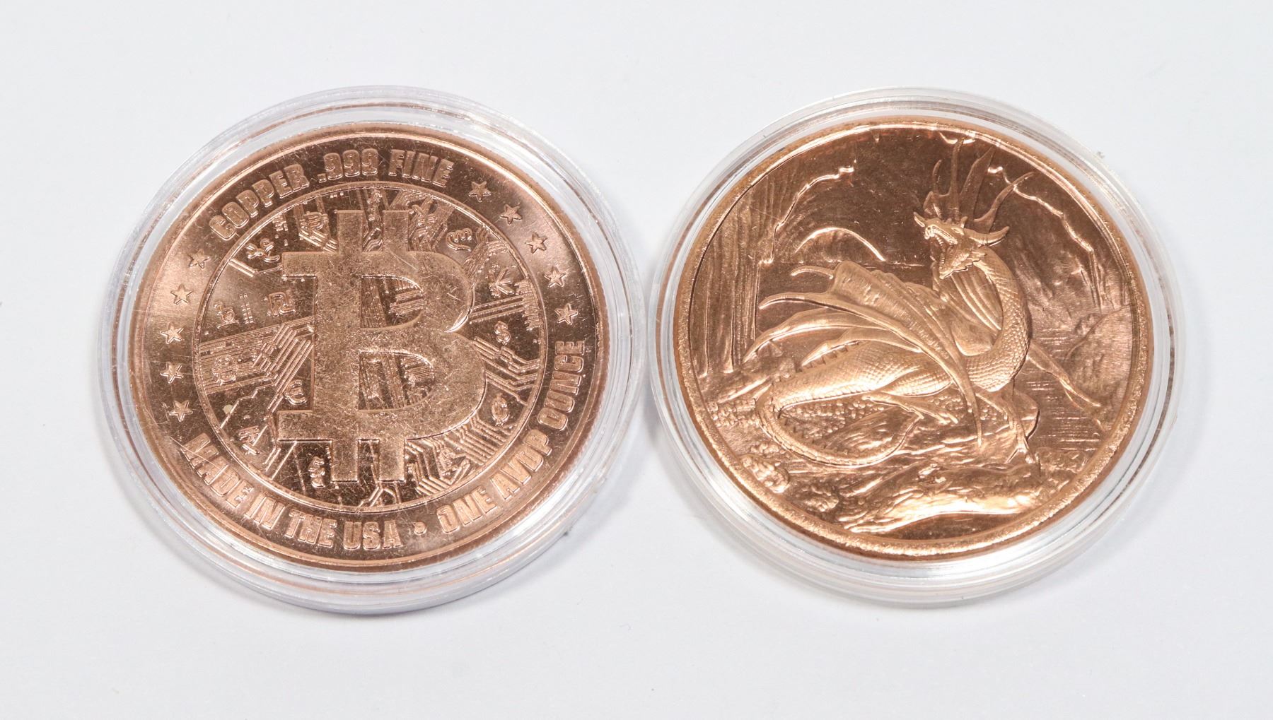 TWO 1-OZ COPPER ROUNDS IN CAPSULES, DRAGON AND