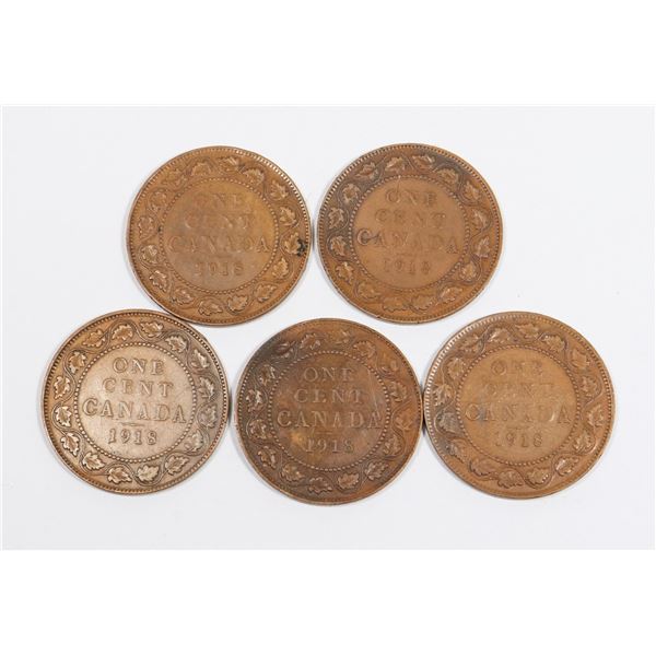 FIVE 1918 CANADA LARGE 1CENT COPPER COINS