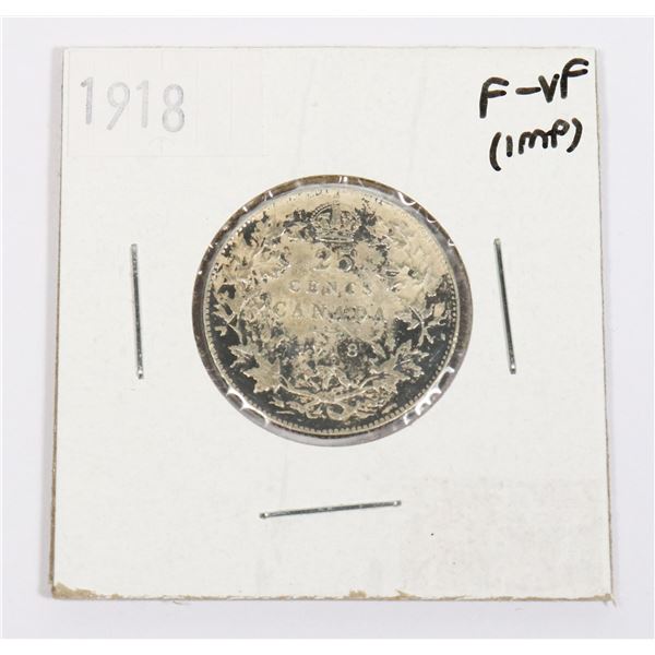 1918 CANADA .25CENT 92.5% SILVER GRADED AND IN