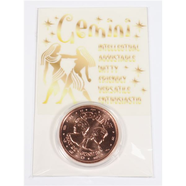 ZODIAC GEMINI 1-OZ 999 FINE COPPER ROUND IN