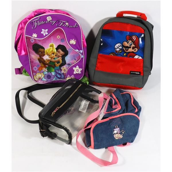 LOT OF KIDS BACKPACKS/SMALL BAGS INCLUDES MARIO