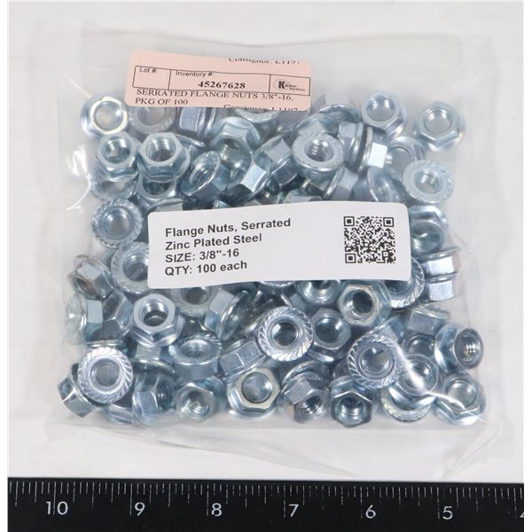 SERRATED FLANGE NUTS 3/8"-16, PKG OF 100