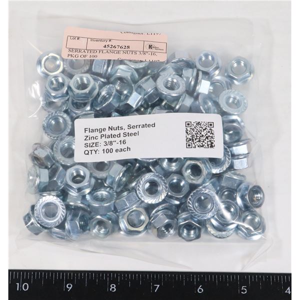 SERRATED FLANGE NUTS 3/8"-16, PKG OF 100