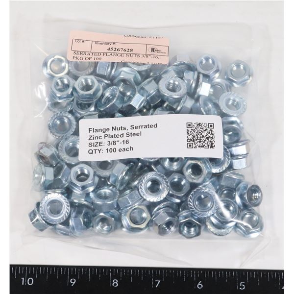SERRATED FLANGE NUTS 3/8"-16, PKG OF 100