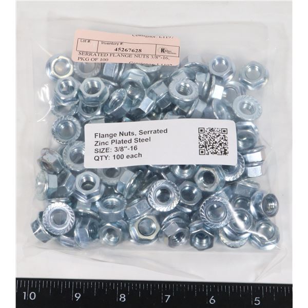 SERRATED FLANGE NUTS 3/8"-16, PKG OF 100