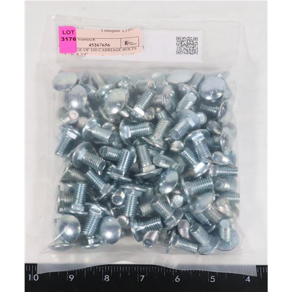 PACKAGE OF 100 CARRIAGE BOLTS 3/8"-16 X 3/4"