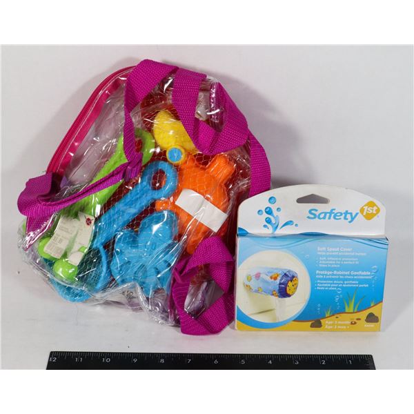 SMALL LOT OF BABY ITEMS, SOFT SPOUT COVER AND BATH