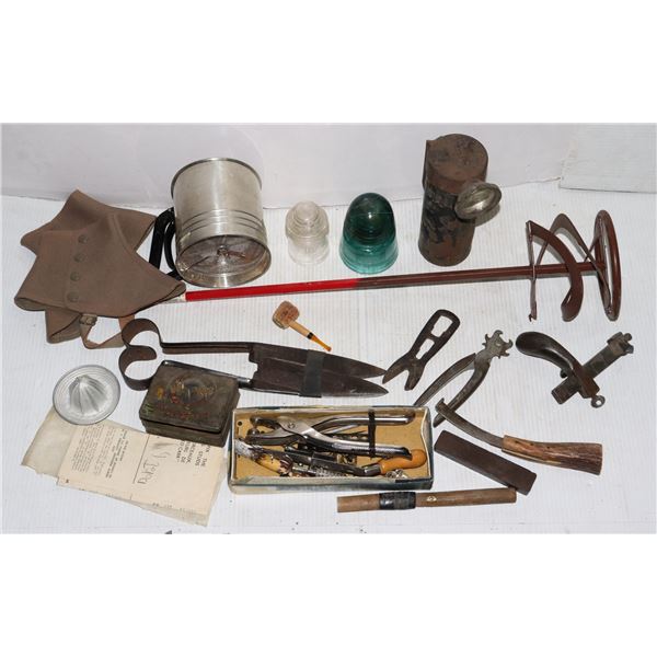 LOT OF MISC VINTAGE/ ANTIQUE ITEMS INCLUDING TOOLS