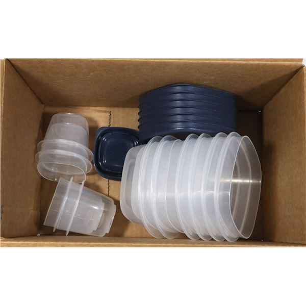 BOX OF NEW RUBBERMAID CONTAINERS, SMALL SIZES ONLY