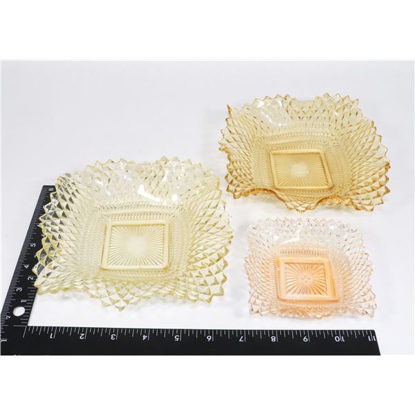 INDIANA GLASS RUFFLE DISHES. 2" X 6" YELLOW,