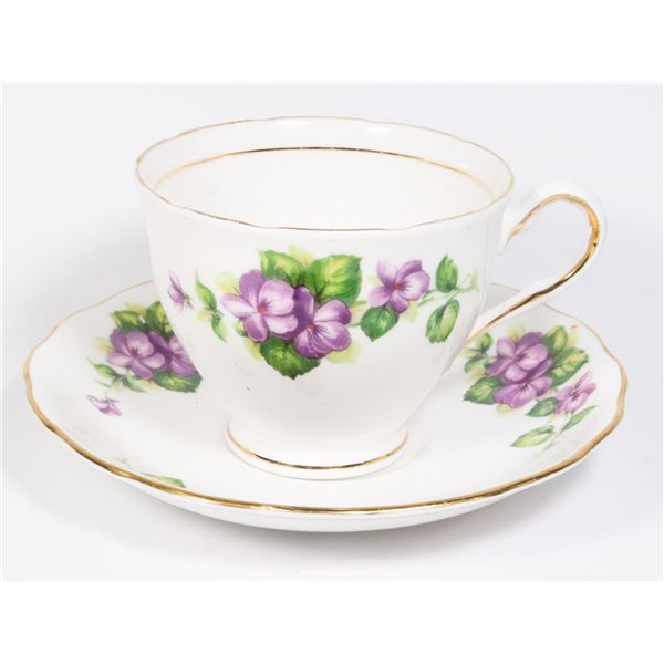 COLCLOUGH PURPLE FLOWER PATTERN TEACUP AND SAUCER