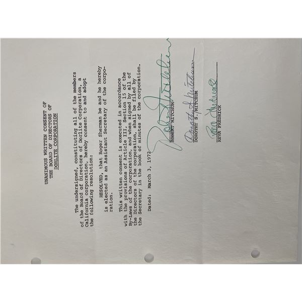 Robert Mitchum signed Dorlite Corporation Document