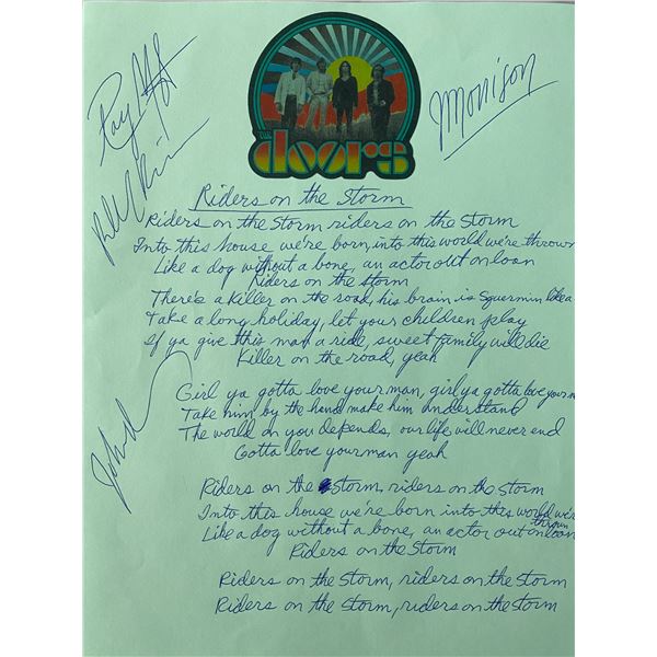 RARE The Doors Riders on the Storm band signed handwritten lyrics