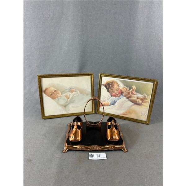 Pair Of Vintage Framed Bessie Pegge Gusman & Copper Infant Shoes Display Ready for Your Picture