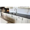 Image 2 : SILESTONE BY COSENTINO KITCHEN CABINET SET - OFF WHITE W/BROWN HANDLES AND  GREY STONE COUNTERTOP