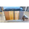 Image 1 : KITCHEN ISLAND DISPLAY CABINET - BLACK STONE TOP WITH ASSORTED COLORED CUPBOARDS