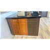 Image 2 : KITCHEN ISLAND DISPLAY CABINET - BLACK STONE TOP WITH ASSORTED COLORED CUPBOARDS