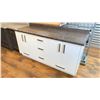 Image 2 : WHITE WITH BROWN LAMINATE TOP 4 DOOR 5 DRAWER BATHROOM VANITY CABINET - APPROX. 66"W X 22.5"D X