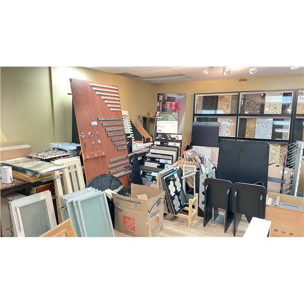 ASSORTED CABINET DOORS, GRANITE COUNTERTOP, WORK SURFACE, GRANITE SAMPLE TILES, WHITE FRIDGE,