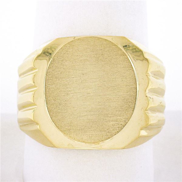 Mens 14K Yellow Gold Engravable Oval Brushed Wide Grooved & Polished Signet Ring