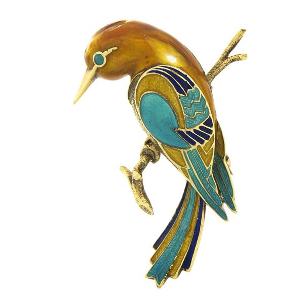 Vintage 18k Gold Multi Color Enamel Humming Bird Standing on Branch Pin Brooch