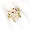 Image 3 : Vintage 14k Gold LARGE Hand Carved Lion's Head Soft Pink Angel Skin Coral Ring