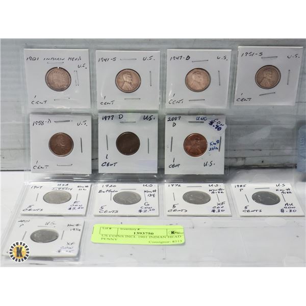 US COINS INCL 1901 INDIAN HEAD PENNY