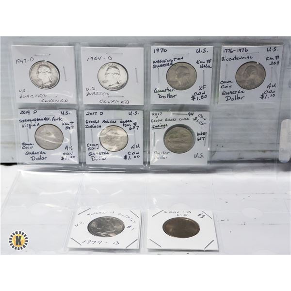 5 US QUARTERS, 2 US DOLLAR COINS