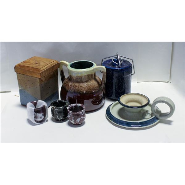 BOX OF POTTERY VASES AND MORE