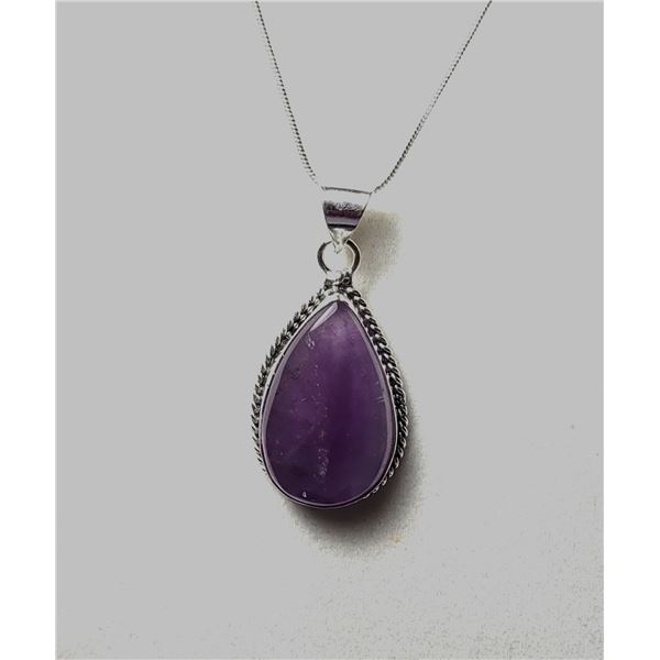 26)   NATURAL PEAR SHAPED AMETHYST PENDANT ON
