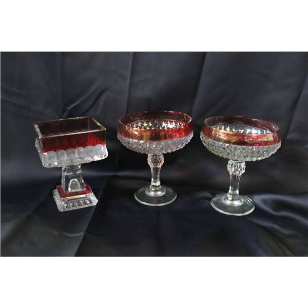 3 PEDESTAL CANDY DISHES RUBY FLASHED