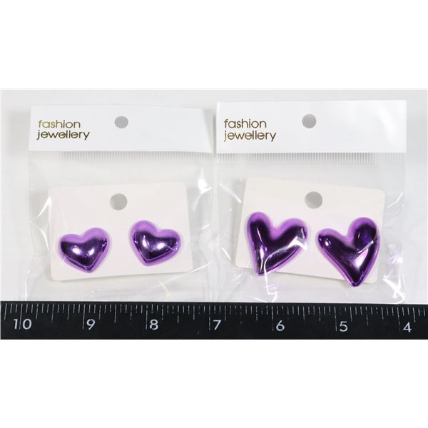 2 NEW PAIRS PURPLE OF HEART DESIGN STUD EARRINGS