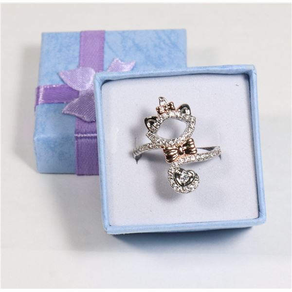 NEW SIZE 6 SILVER TONE KITTEN WITH BOWS RHINESTONE