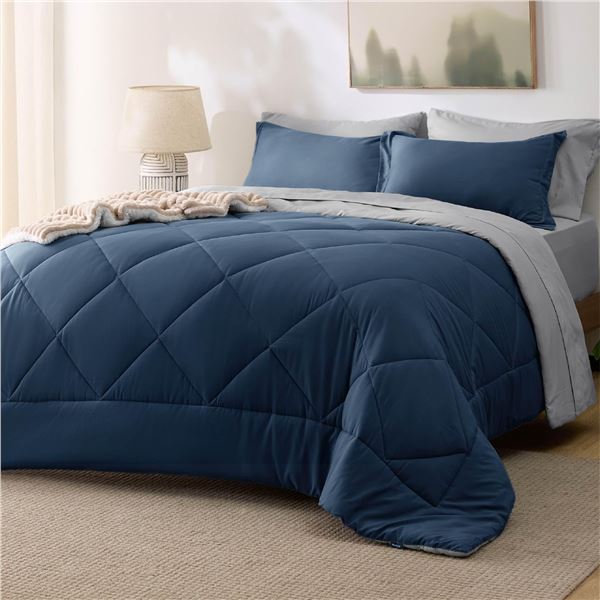 NEW 7 PIECE CAL-KING COMFORTER SET NAVY