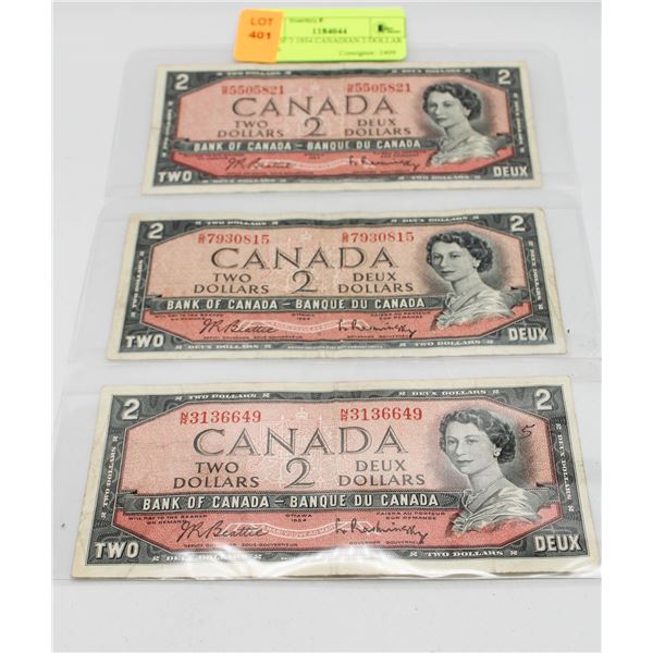 LOT OF 3 1954 CANADIAN 2 DOLLAR BILLS