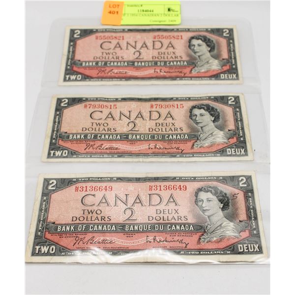 LOT OF 3 1954 CANADIAN 2 DOLLAR BILLS