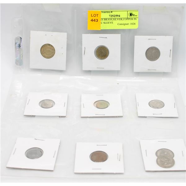 10 COINS BRASS,SILVER,COPPER IN PLASTIC SLEEVE