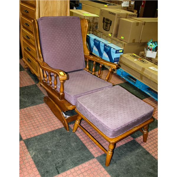 WOODEN ROCKING CHAIR WITH STOOL & PURPLE CUSIONS