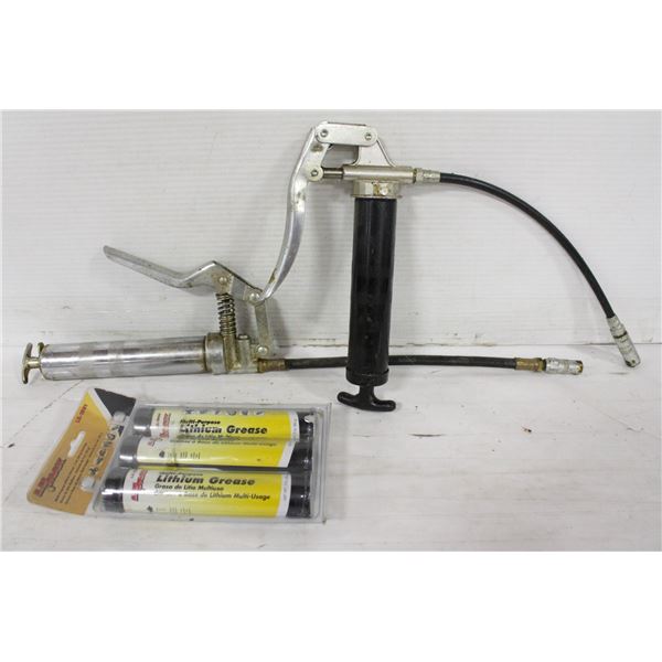 2 SMALL GREASE GUNS AND 3 TUBES NEW LITHIUM GREASE