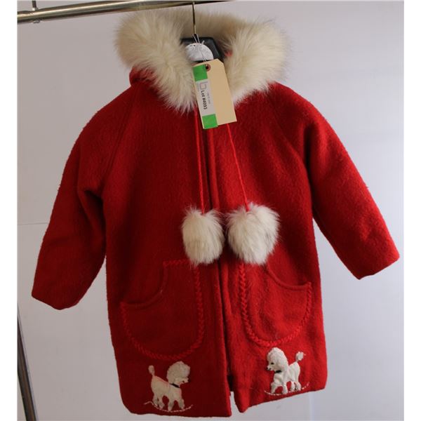 Red Wool Parka with Real Fur Collar and Pom Poms 24" Long x 17.5" Wide