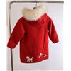 Image 2 : Red Wool Parka with Real Fur Collar and Pom Poms 24" Long x 17.5" Wide