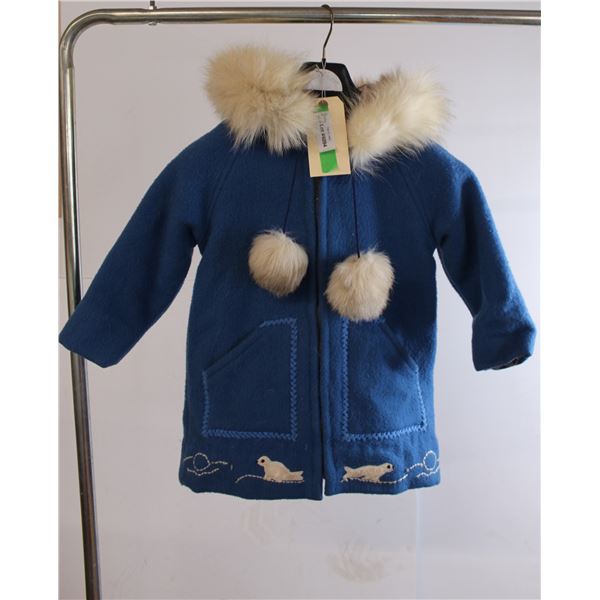 Blue Wool Parka with Real Fur Collar and Pom Poms 23" Long x 17.5" Wide