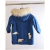 Image 2 : Blue Wool Parka with Real Fur Collar and Pom Poms 23" Long x 17.5" Wide