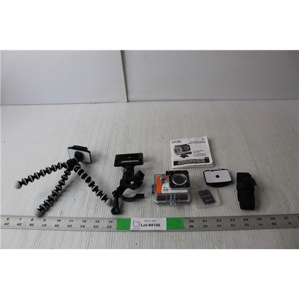 Explore One HD Action Camera with Wi-Fi, Tripod, SD Card- Untested