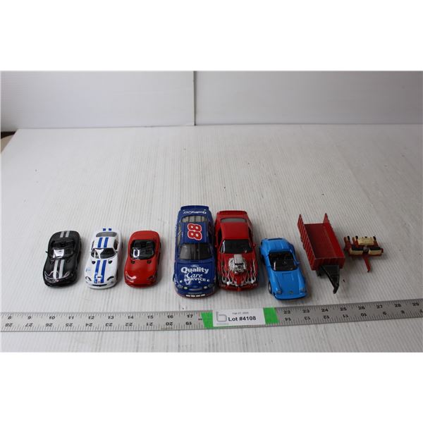 (6) Die Cast Model Cars, Trailer & Engine