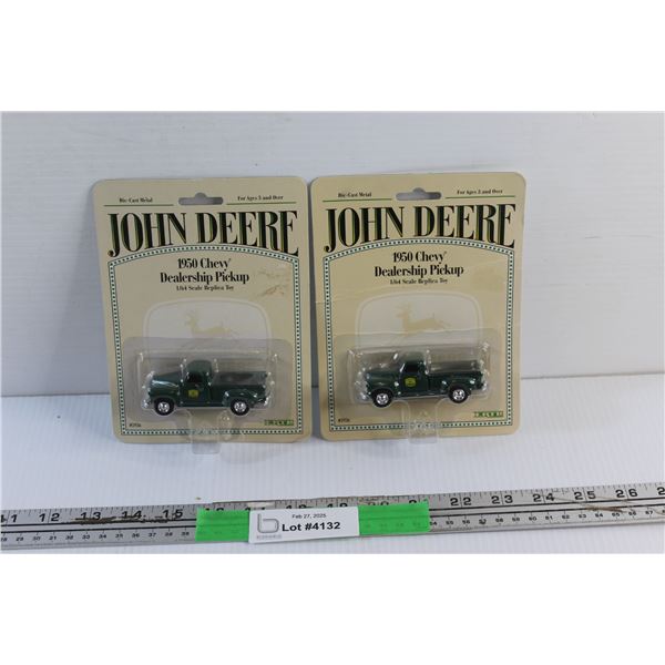 (2) John Deere Die Cast Metal 1950 Chevy Dealership Pickup Truck Replica Toys - Sealed