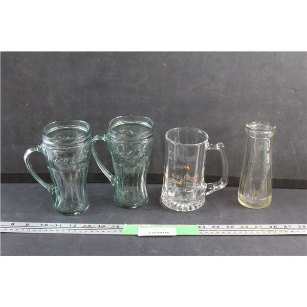 (3) Coca Cola and Saskatoon Radiator Sales Glass Mugs and Glass Flower Vase
