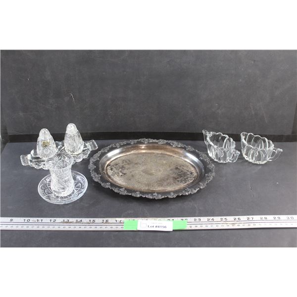 Crystal Salt & Pepper Shakers, Glass Cream & Sugar Set, Tea Cup & Coaster and Silver Plated Serving 