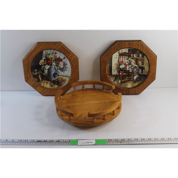 (2) Framed Decorative Wall Hanging Plates - Some Damage and Wooden Lazy Susan