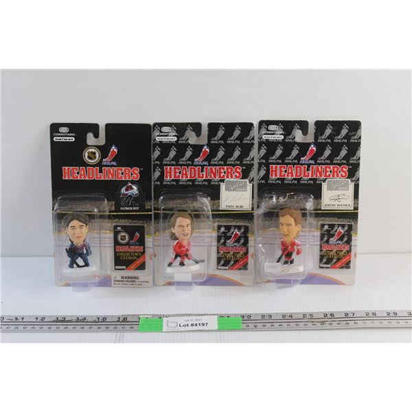 (3) Headliners NHL Collectible Figures and Catalogues - Patrick Roy, Pavel Bure and Jeremy Roenick